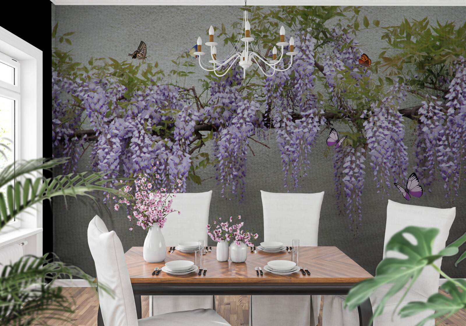 Fototapeten Schmetterlinge fliegen um lila Blumen herum