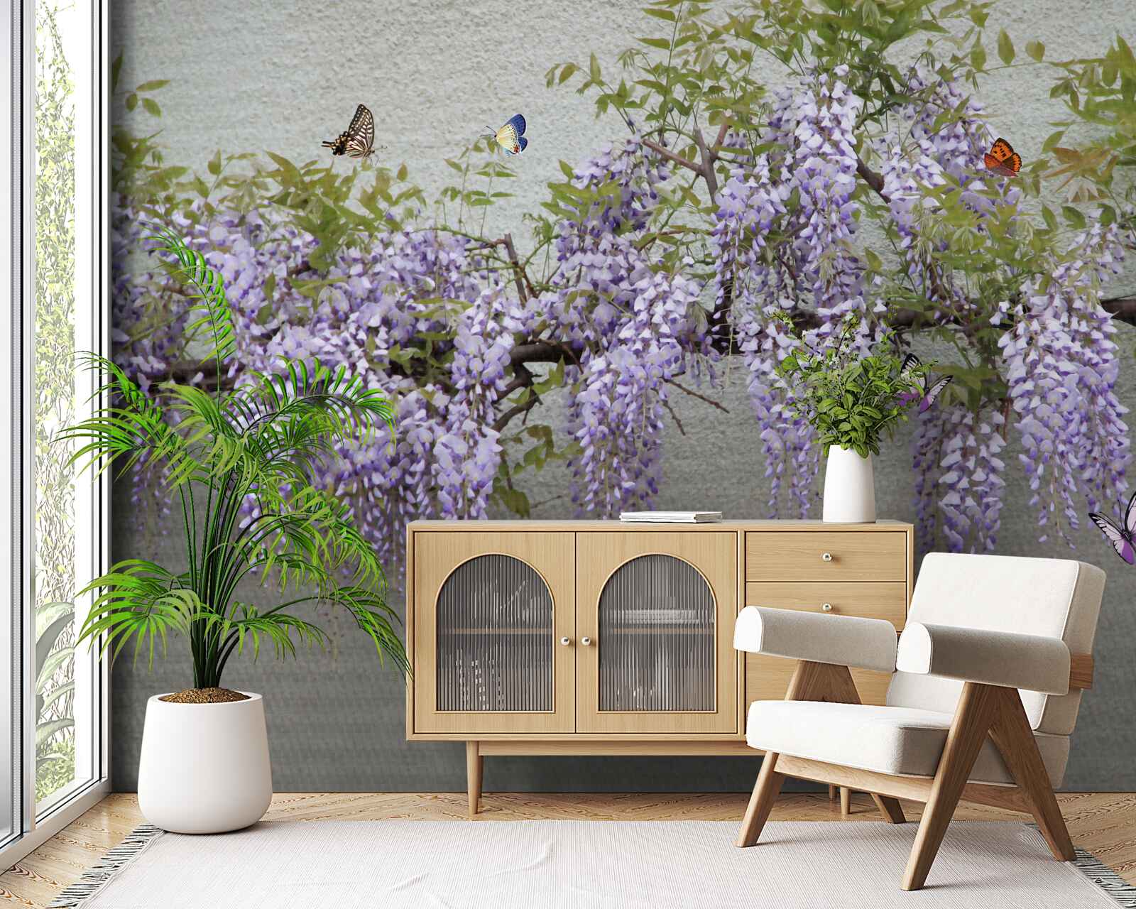 Fototapeten Schmetterlinge fliegen um lila Blumen herum
