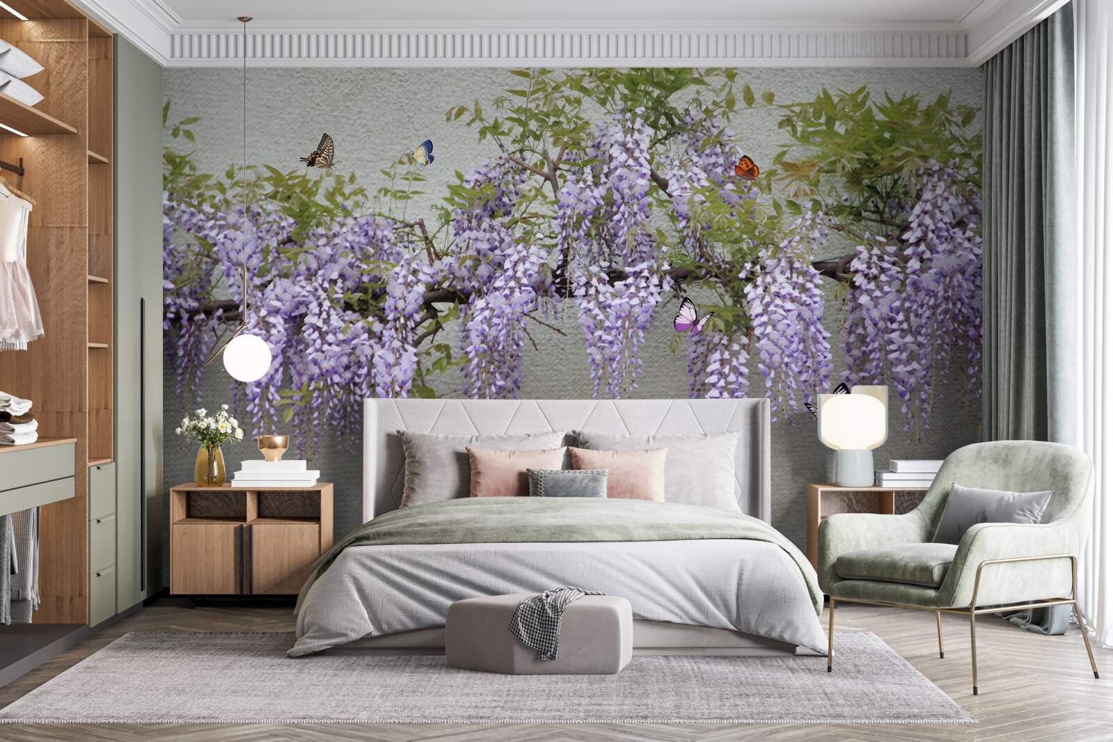 Fototapeten Schmetterlinge fliegen um lila Blumen herum