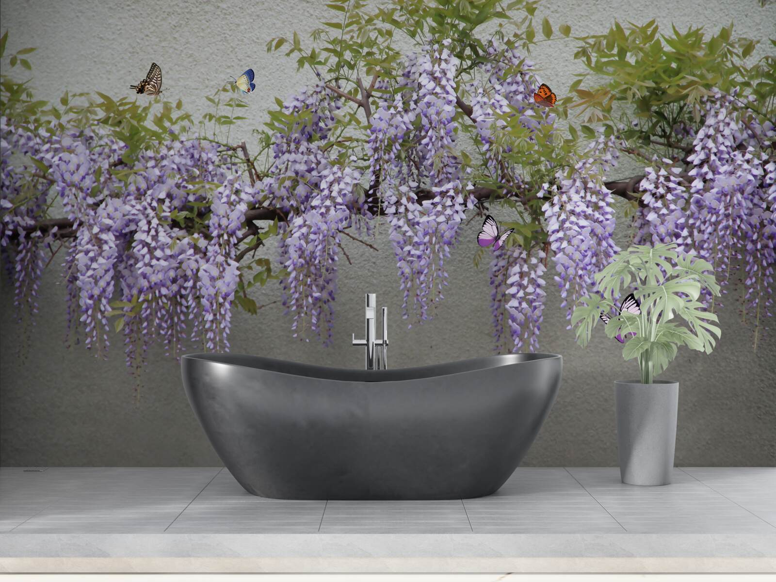 Fototapeten Schmetterlinge fliegen um lila Blumen herum