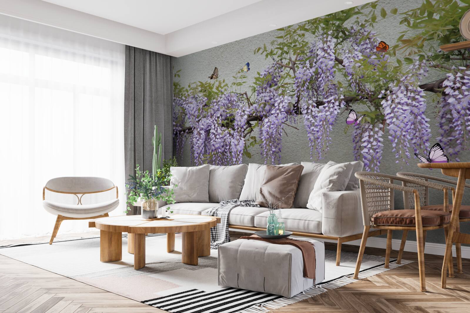 Fototapeten Schmetterlinge fliegen um lila Blumen herum