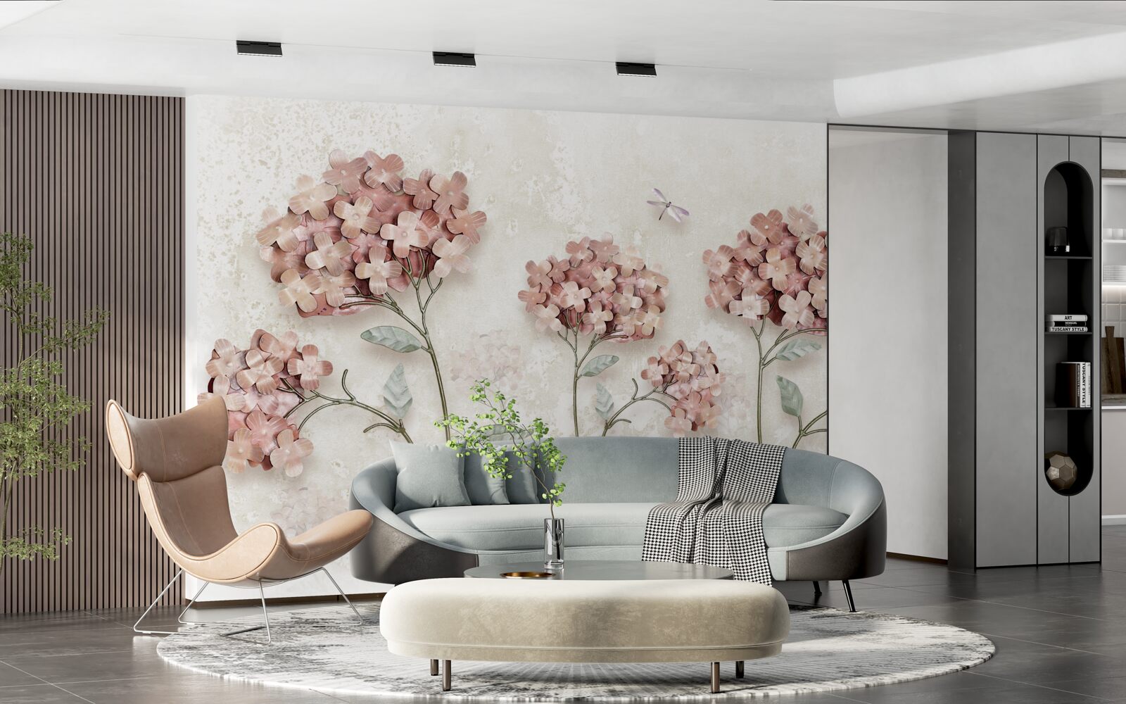 Fototapeten Libellen fliegen in der Nähe rosa Blumen