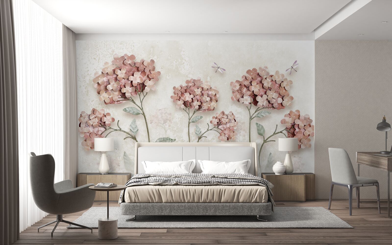 Fototapeten Libellen fliegen in der Nähe rosa Blumen