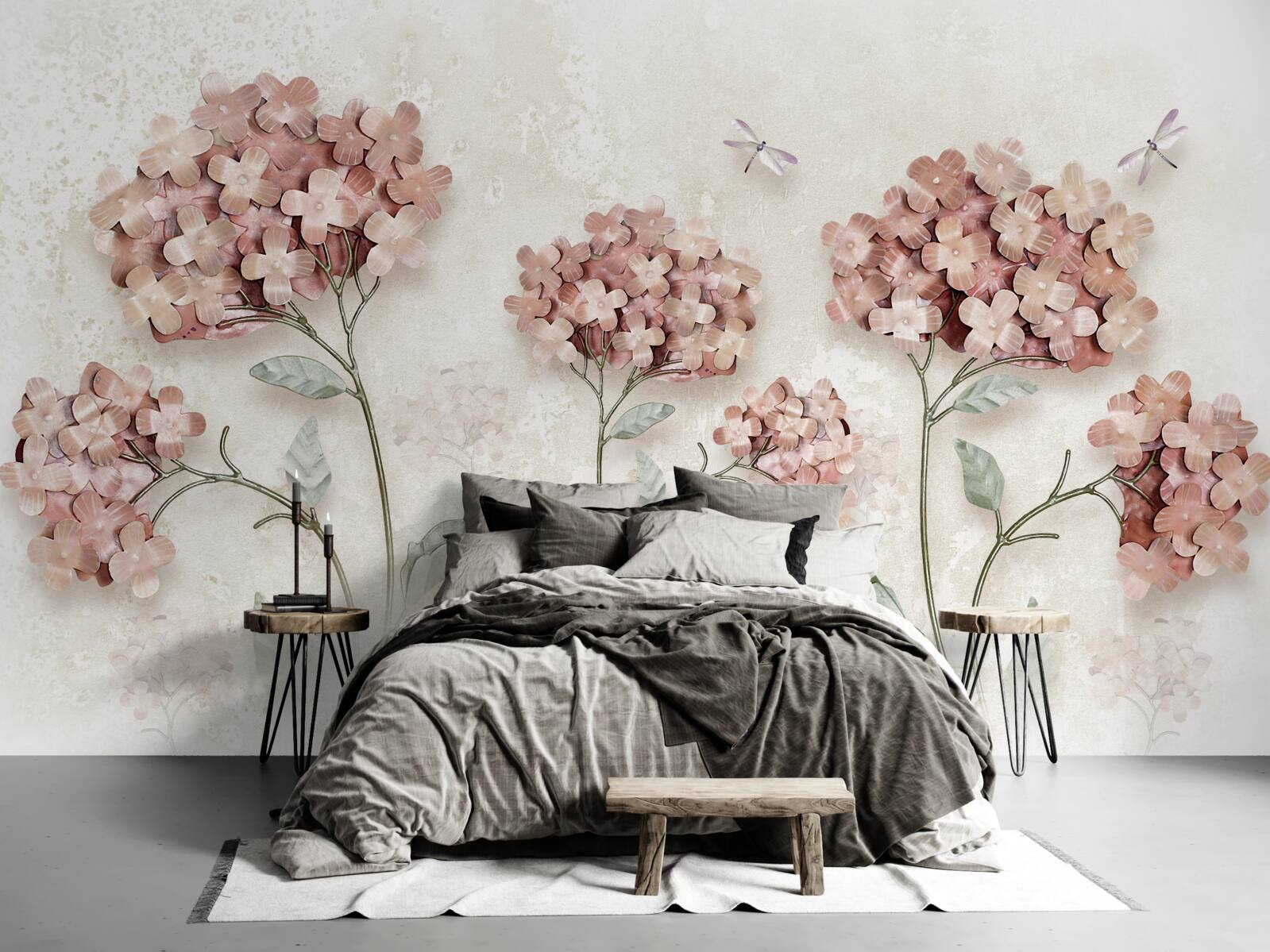 Fototapeten Libellen fliegen in der Nähe rosa Blumen
