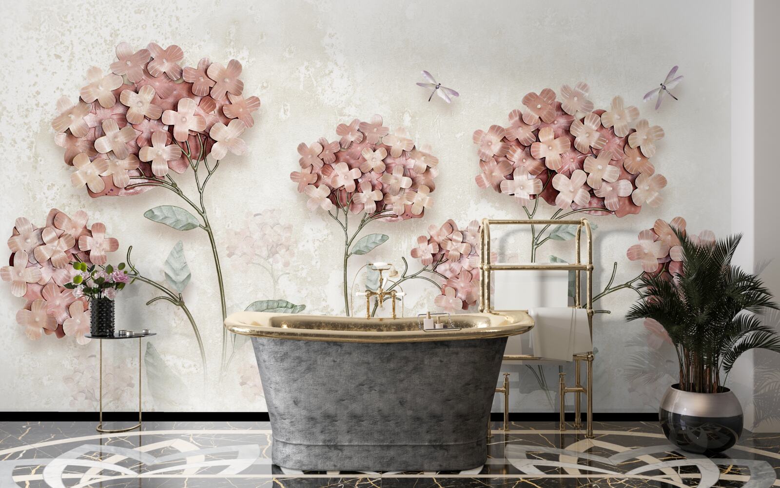Fototapeten Libellen fliegen in der Nähe rosa Blumen