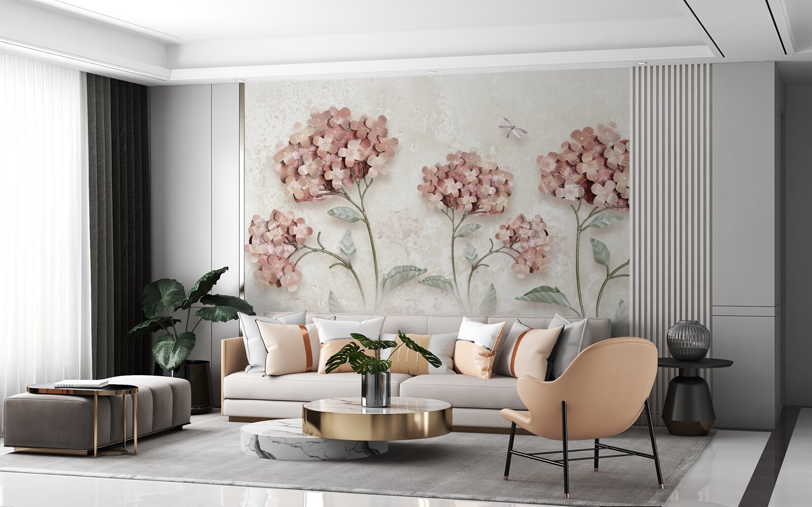 Fototapeten Libellen fliegen in der Nähe rosa Blumen