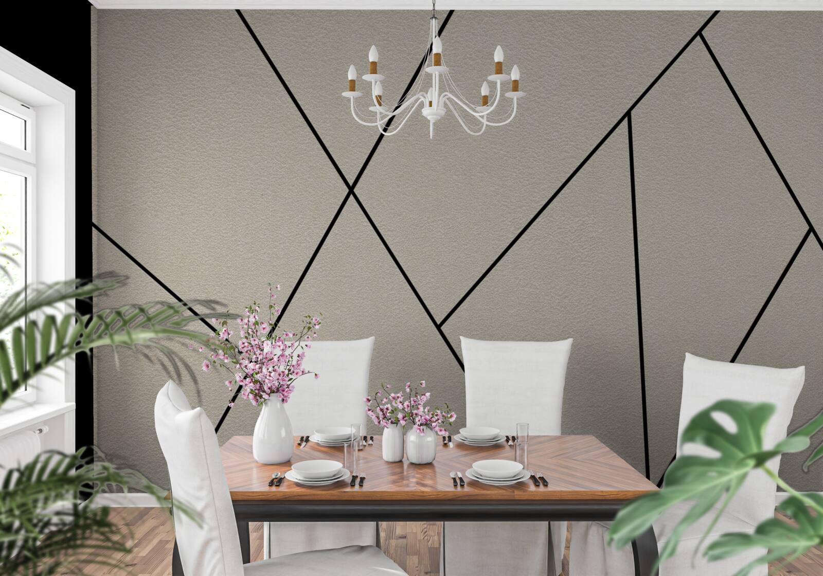 Fototapeten Eine helle Wand mit glatten schwarzen Linien