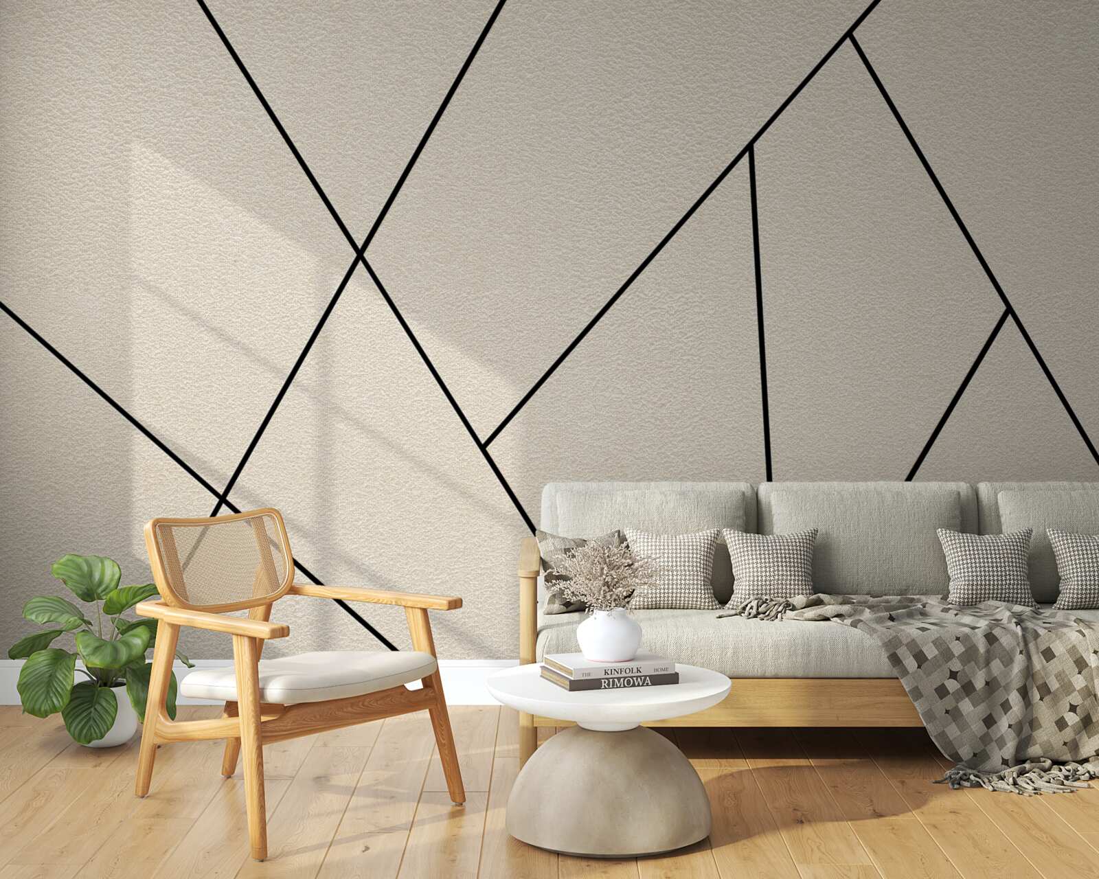 Fototapeten Eine helle Wand mit glatten schwarzen Linien