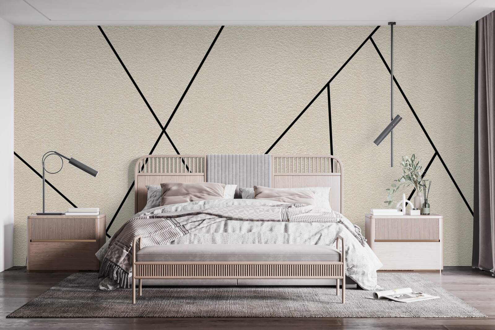 Fototapeten Eine helle Wand mit glatten schwarzen Linien