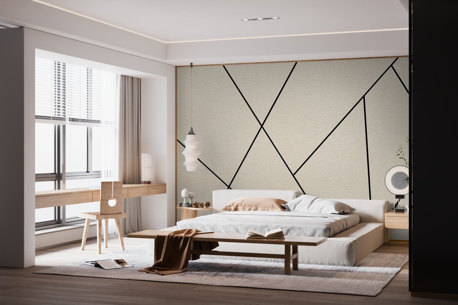 Fototapeten Eine helle Wand mit glatten schwarzen Linien