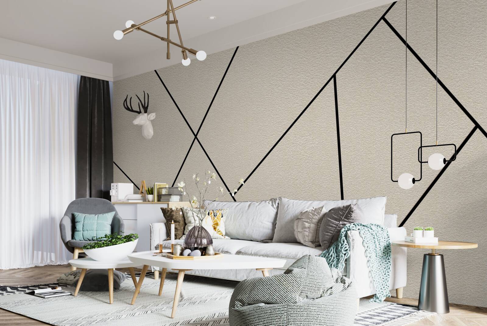 Fototapeten Eine helle Wand mit glatten schwarzen Linien