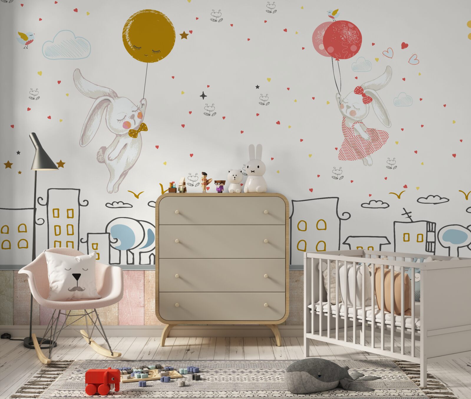 Fototapeten Kaninchen fliegen mit Luftballons auf den Dächern
