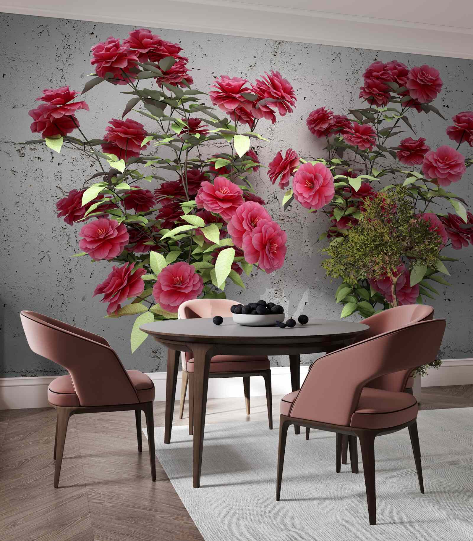 Fototapeten Rosa Blüten mit grünen Blättern