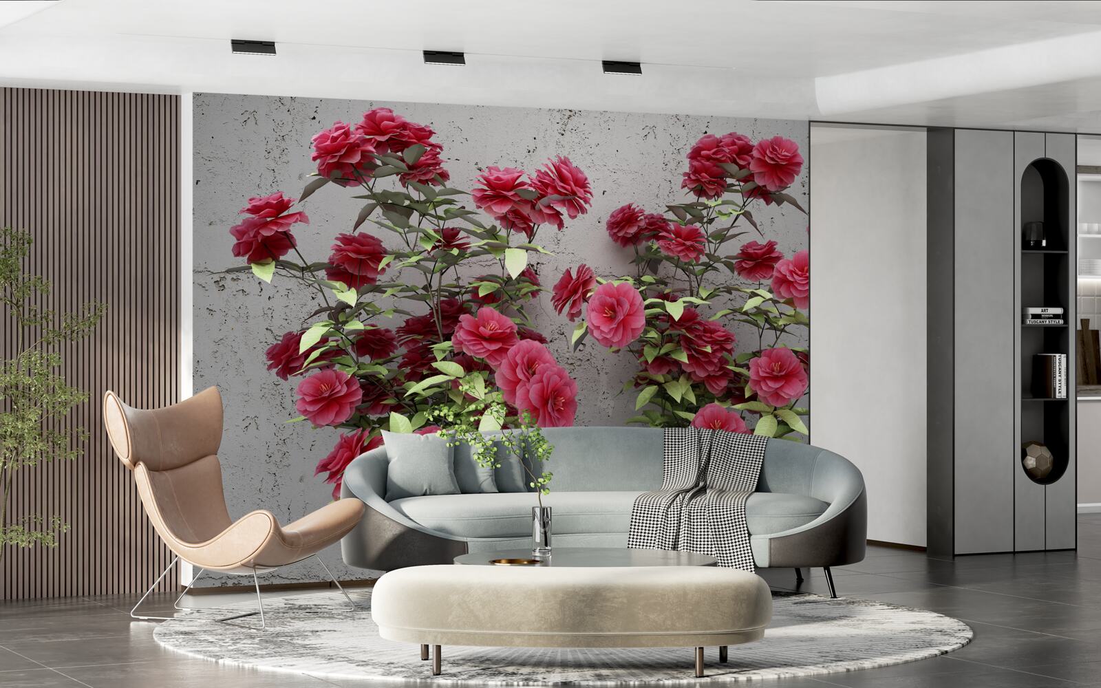 Fototapeten Rosa Blüten mit grünen Blättern