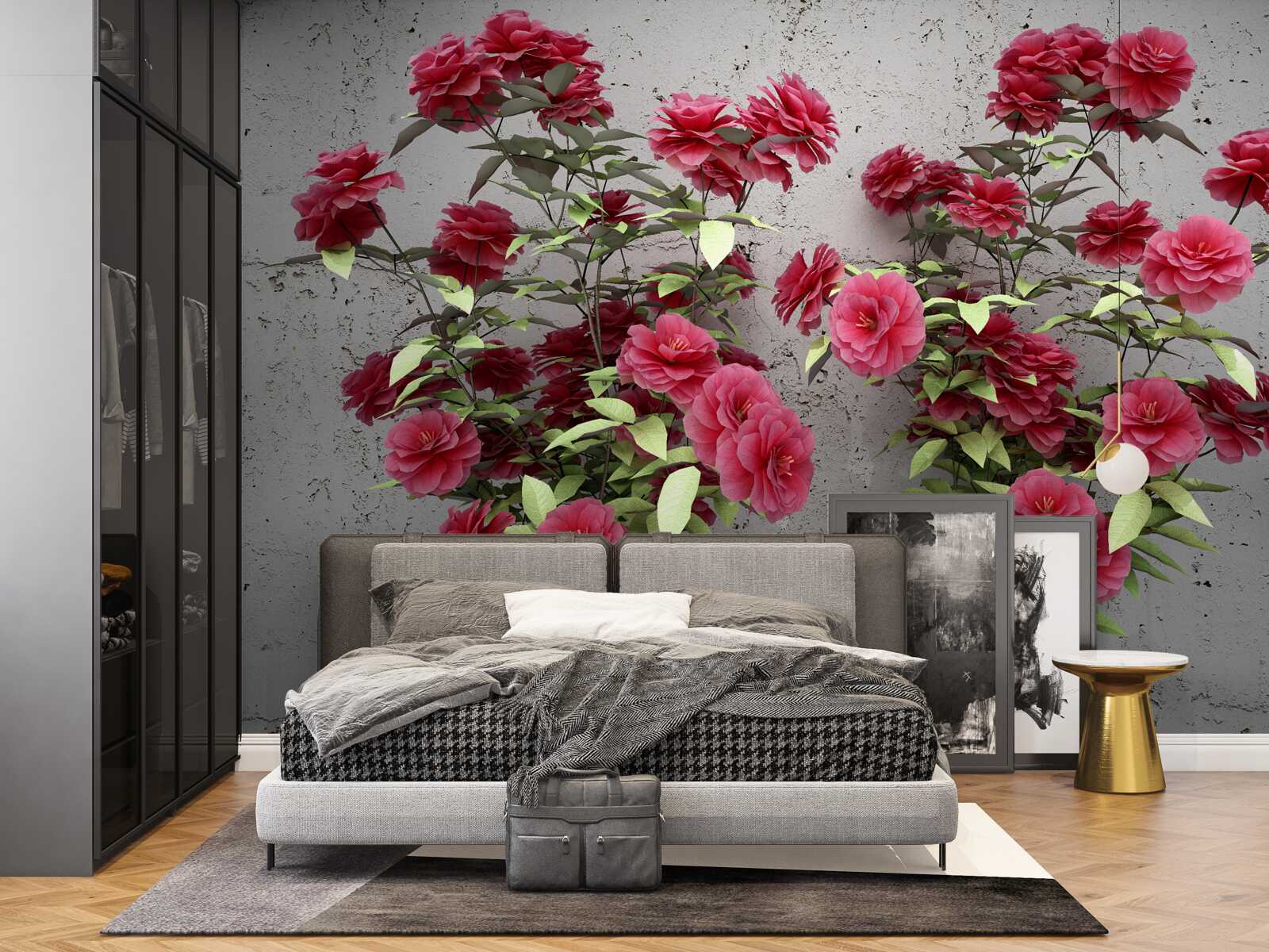 Fototapeten Rosa Blüten mit grünen Blättern
