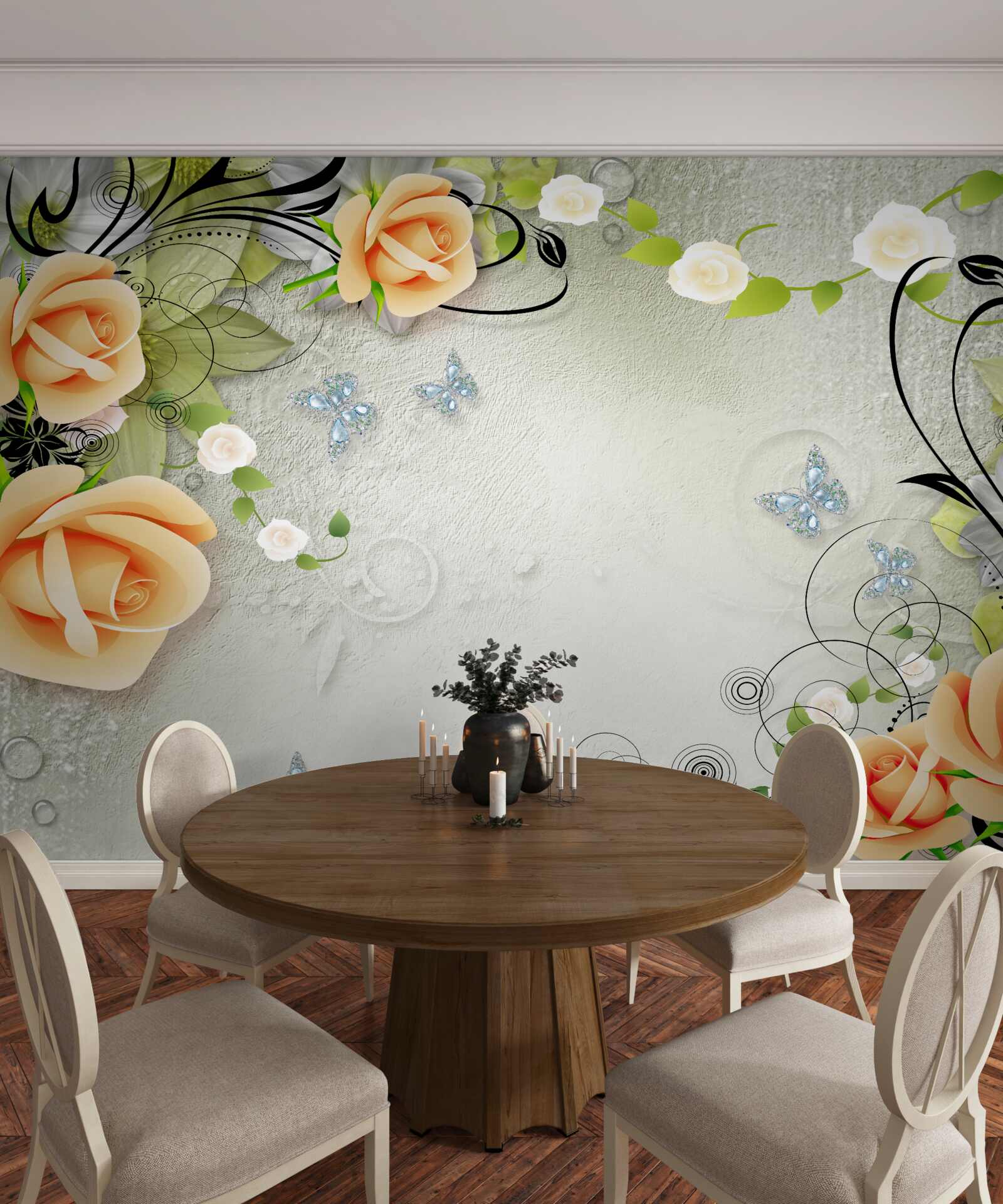 Fototapeten Grauer Hintergrund mit orangefarbenen Rosen