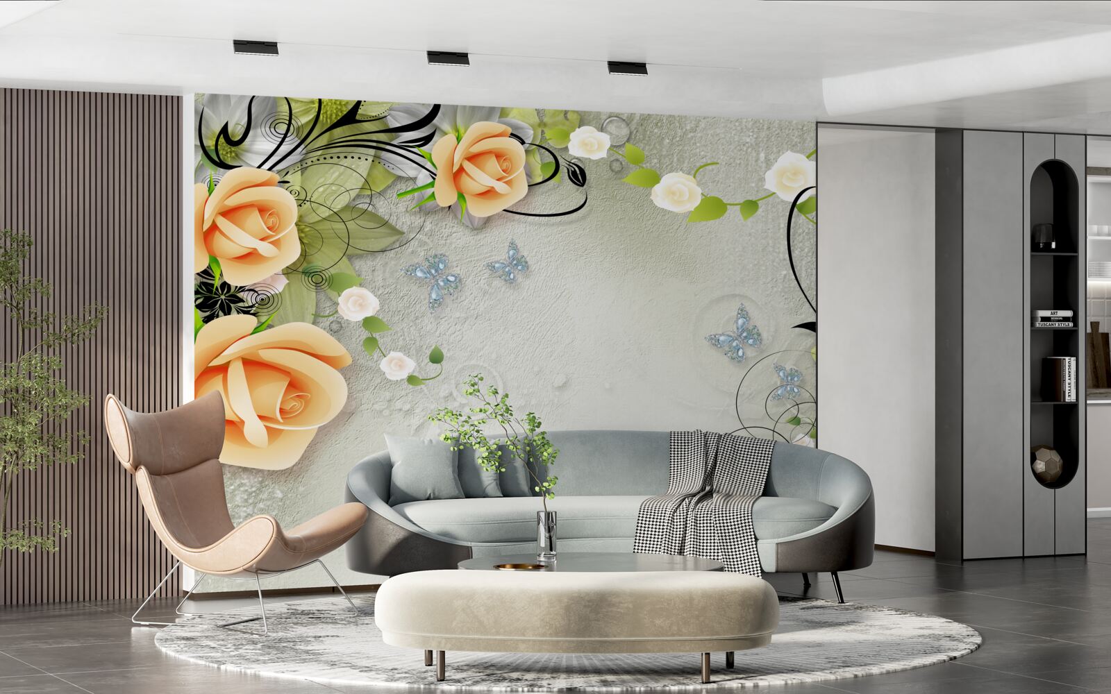 Fototapeten Grauer Hintergrund mit orangefarbenen Rosen