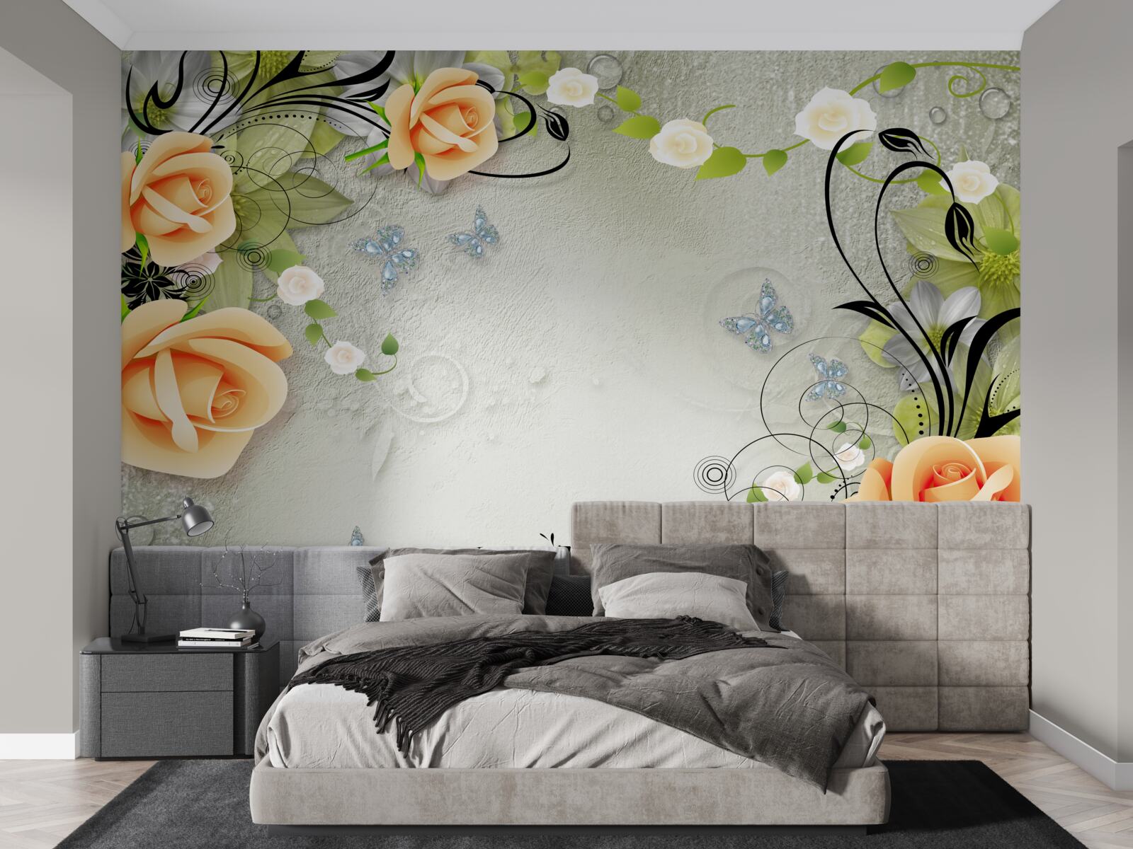 Fototapeten Grauer Hintergrund mit orangefarbenen Rosen