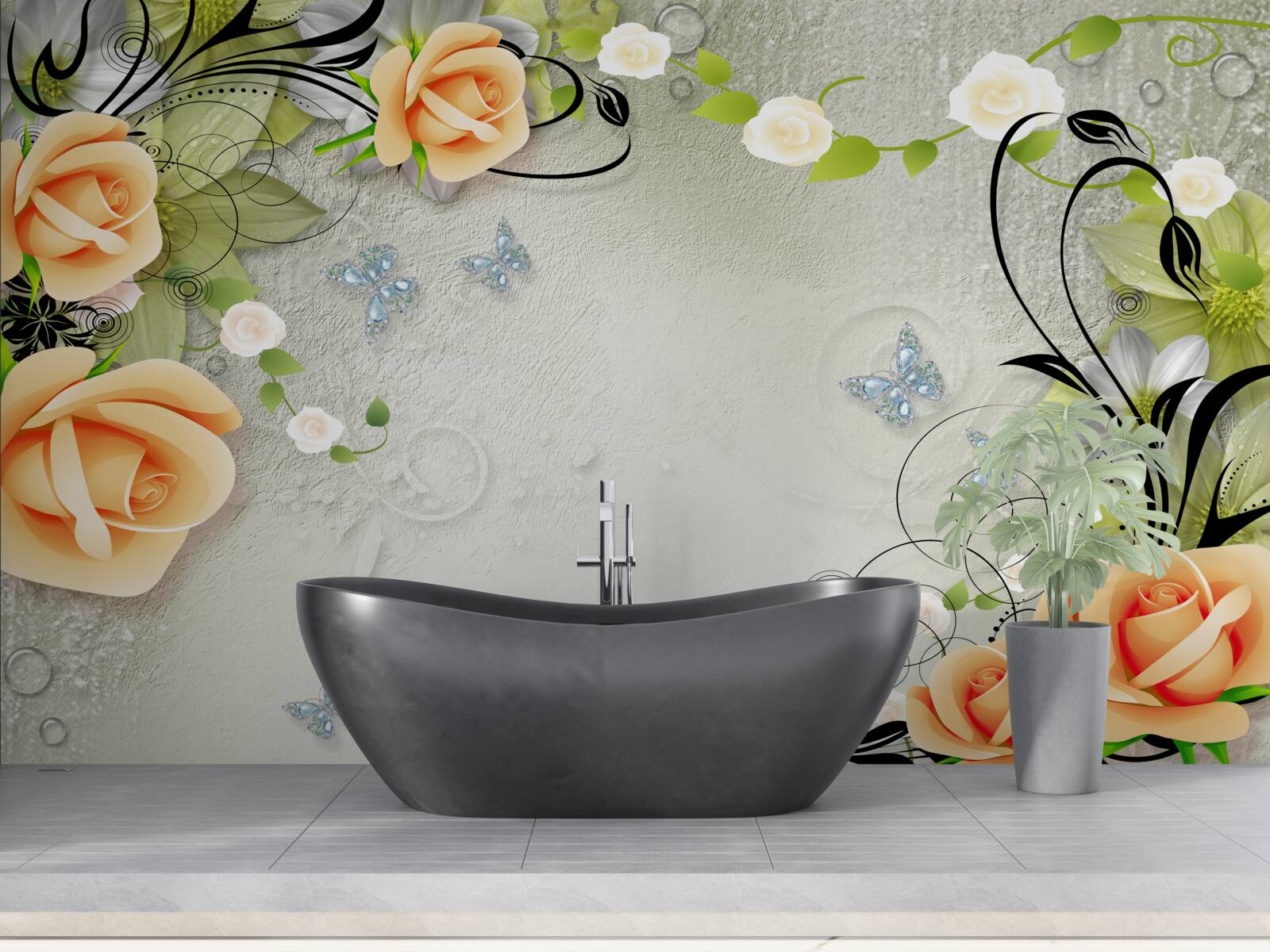 Fototapeten Grauer Hintergrund mit orangefarbenen Rosen