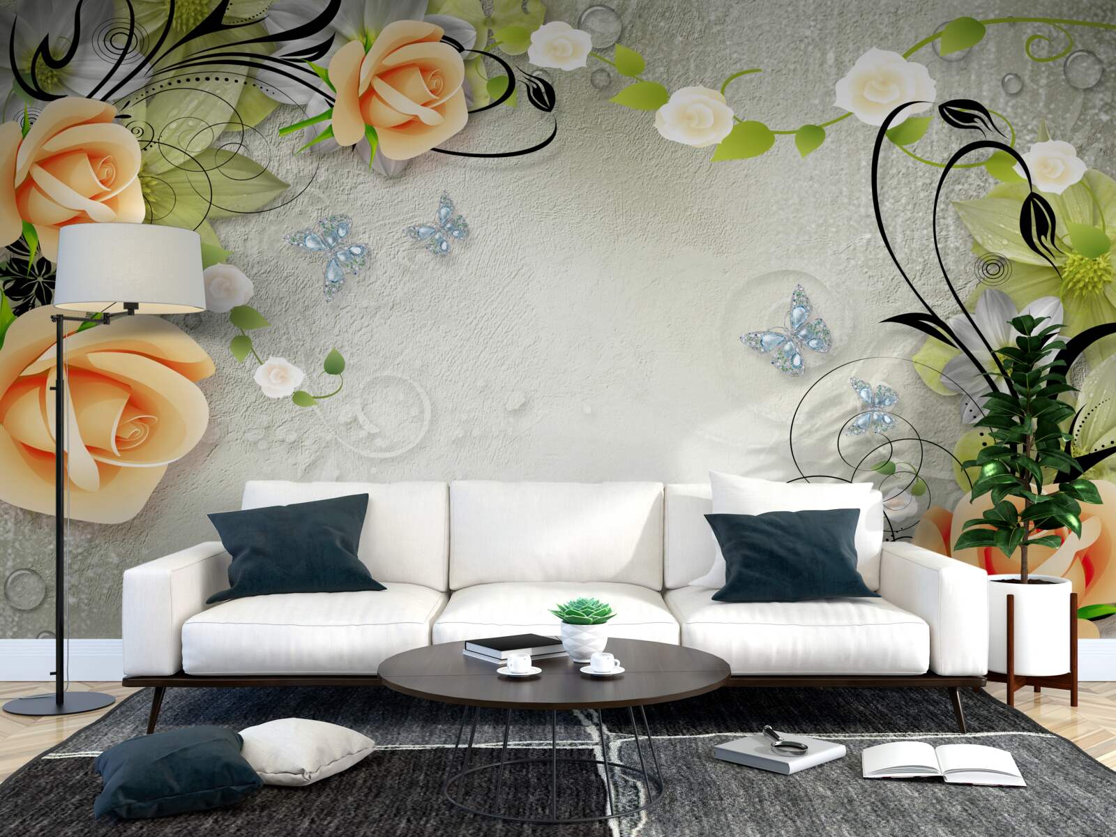 Fototapeten Grauer Hintergrund mit orangefarbenen Rosen