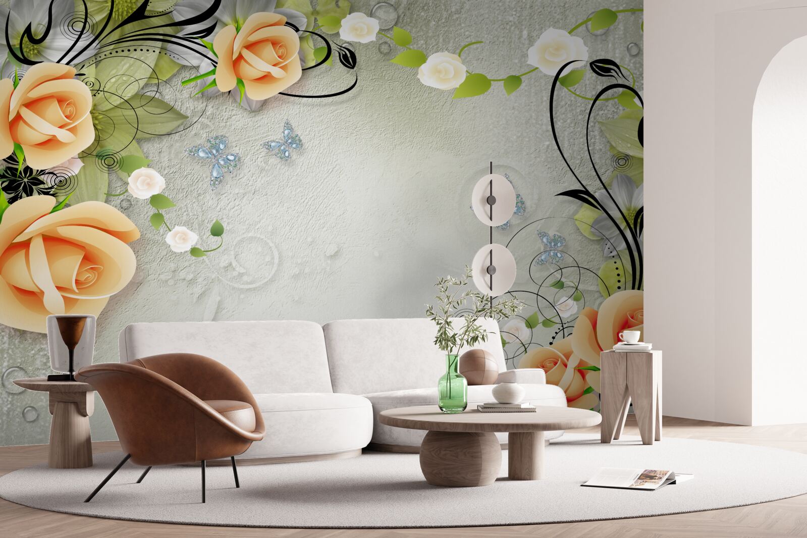 Fototapeten Grauer Hintergrund mit orangefarbenen Rosen