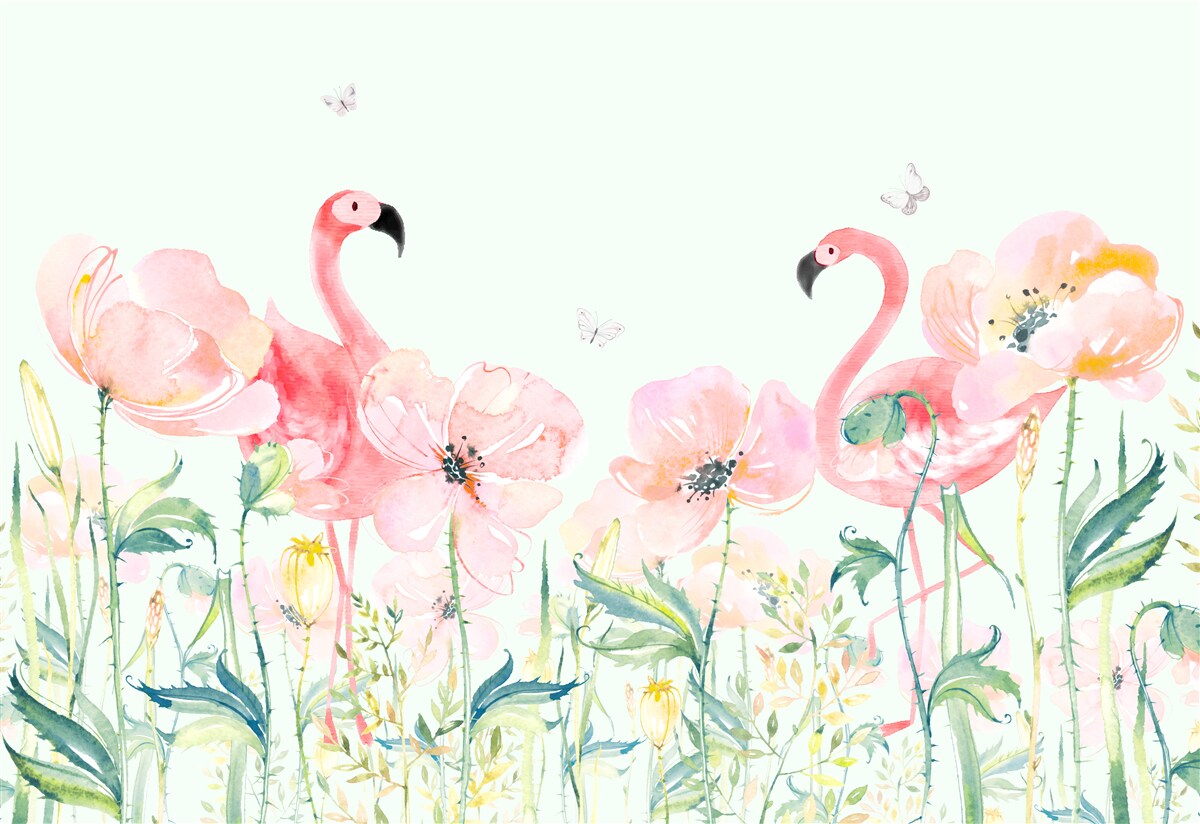 Fototapeten Rosa Flamingo unter passenden Blumen