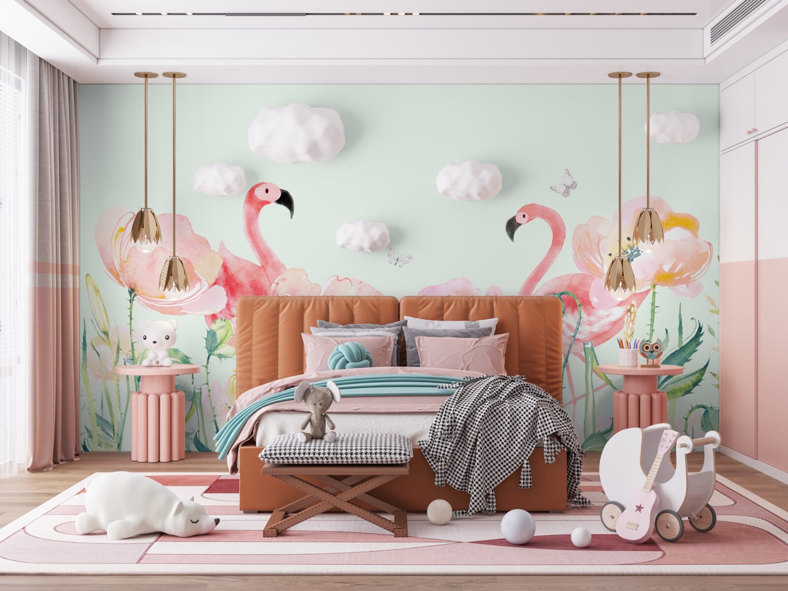 Fototapeten Rosa Flamingo unter passenden Blumen