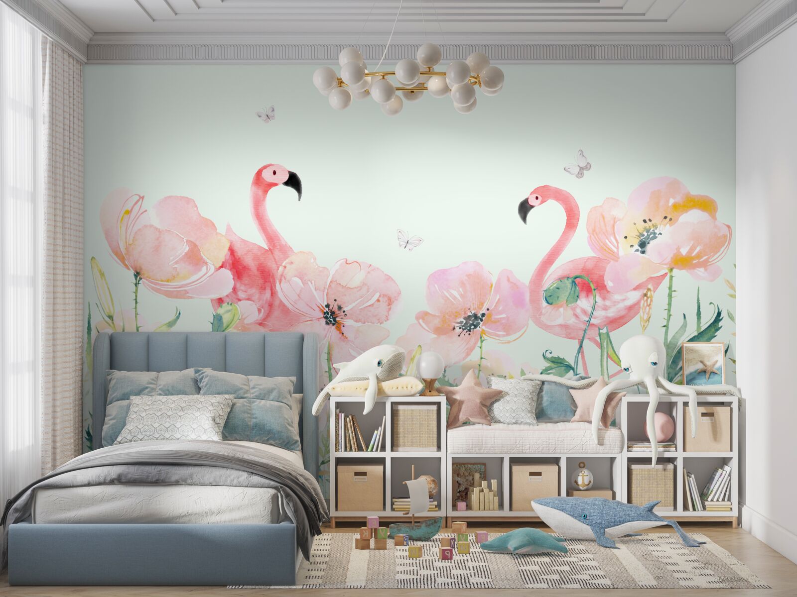 Fototapeten Rosa Flamingo unter passenden Blumen