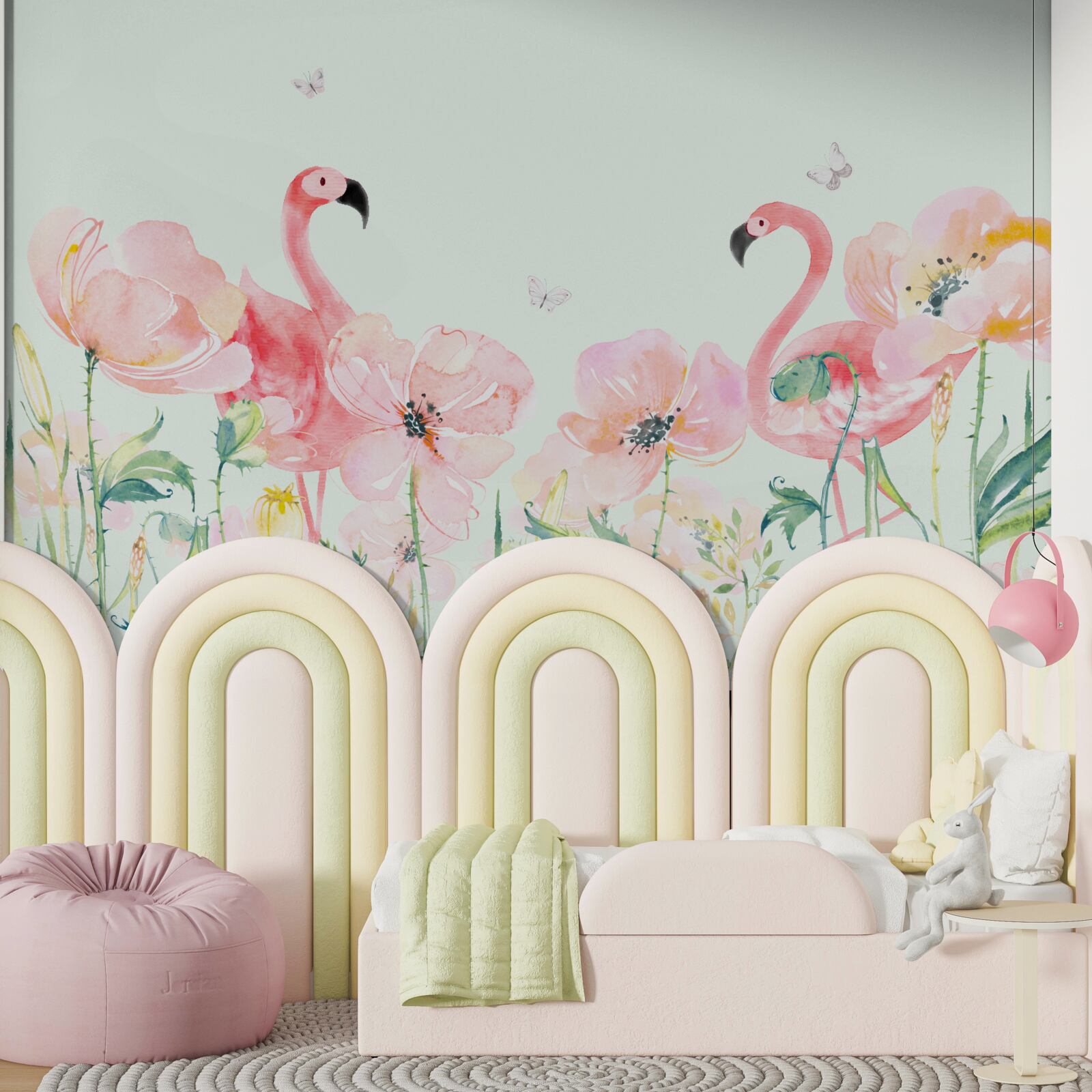 Fototapeten Rosa Flamingo unter passenden Blumen
