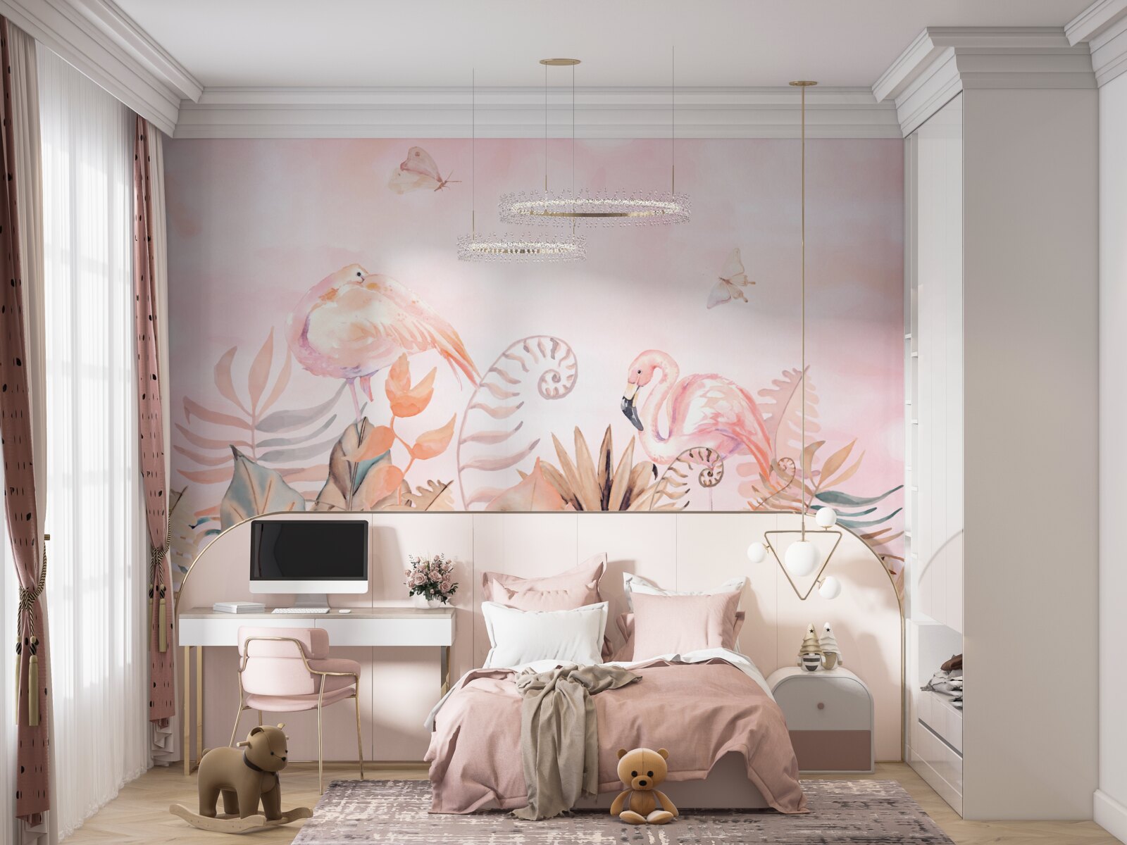Fototapeten Es gibt rosa Flamingos an den Zweigen