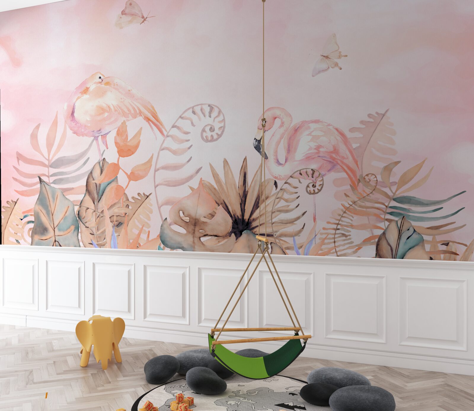 Fototapeten Es gibt rosa Flamingos an den Zweigen