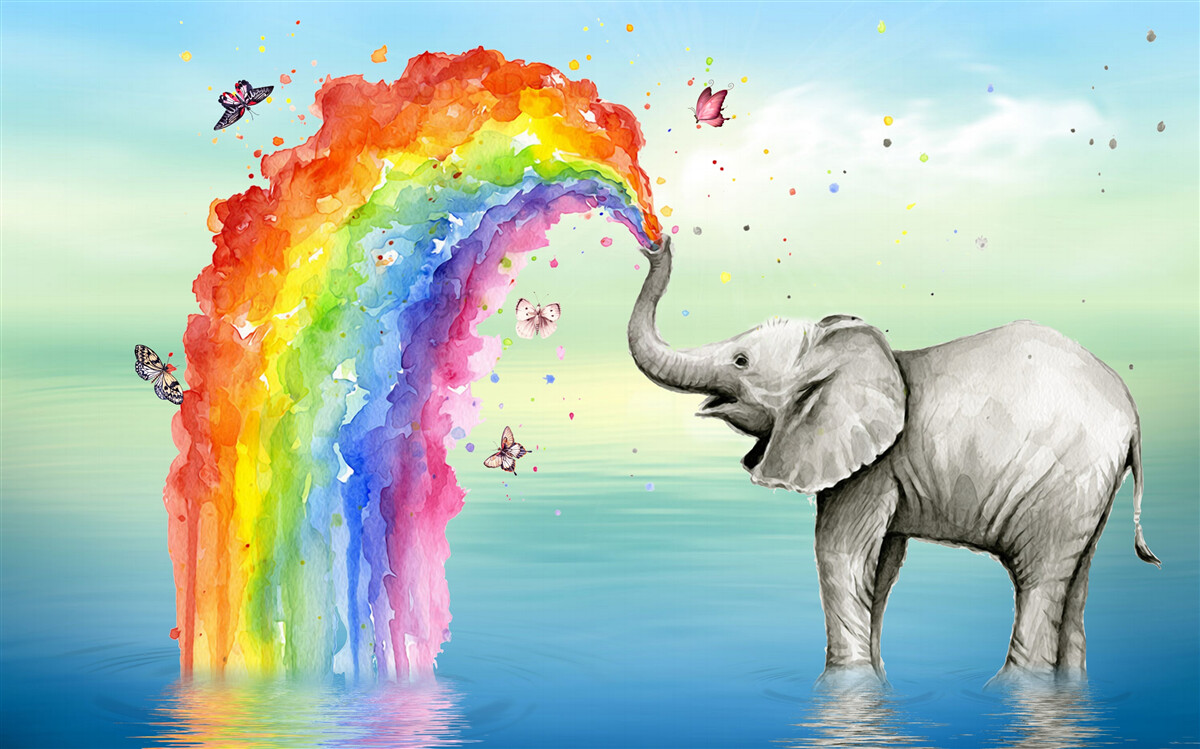 Fototapeten Der Regenbogen fliegt aus der Trompete des Elefanten