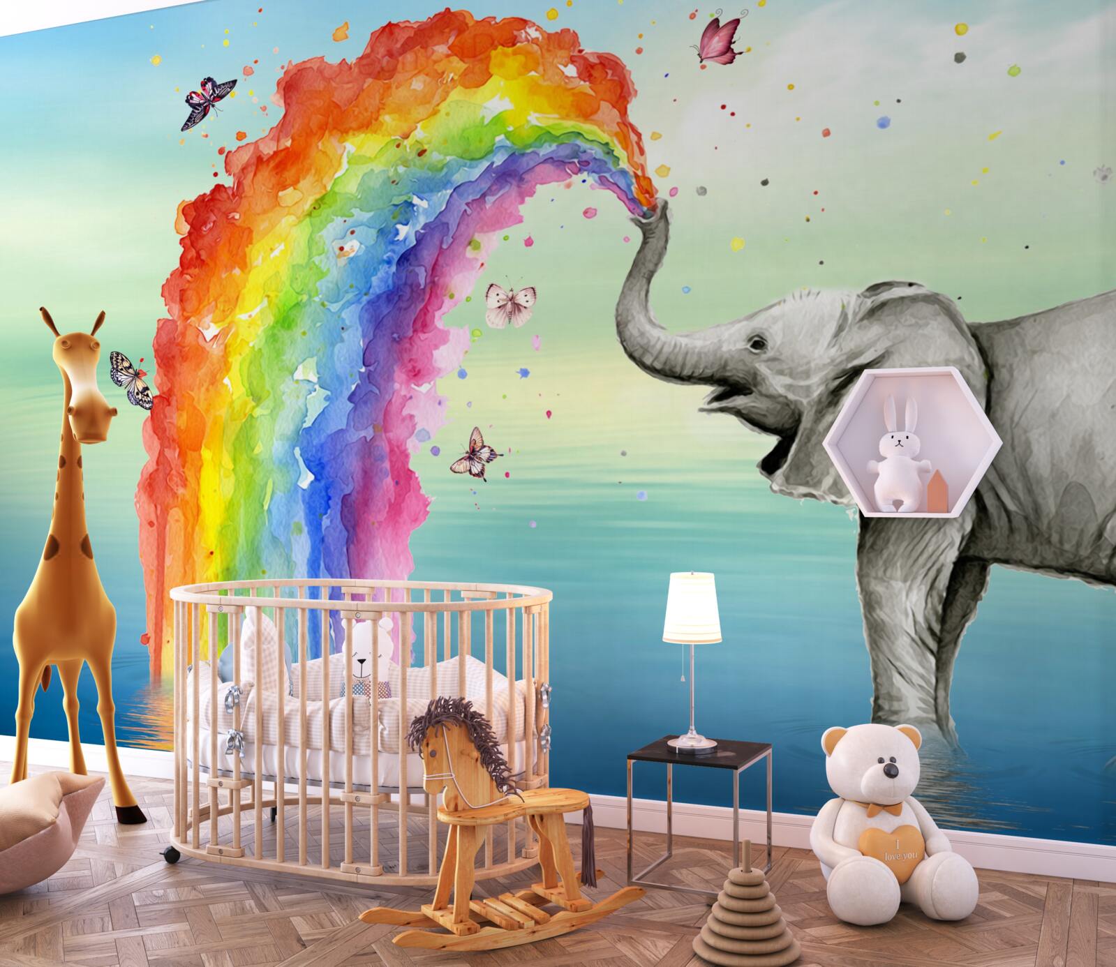 Fototapeten Der Regenbogen fliegt aus der Trompete des Elefanten