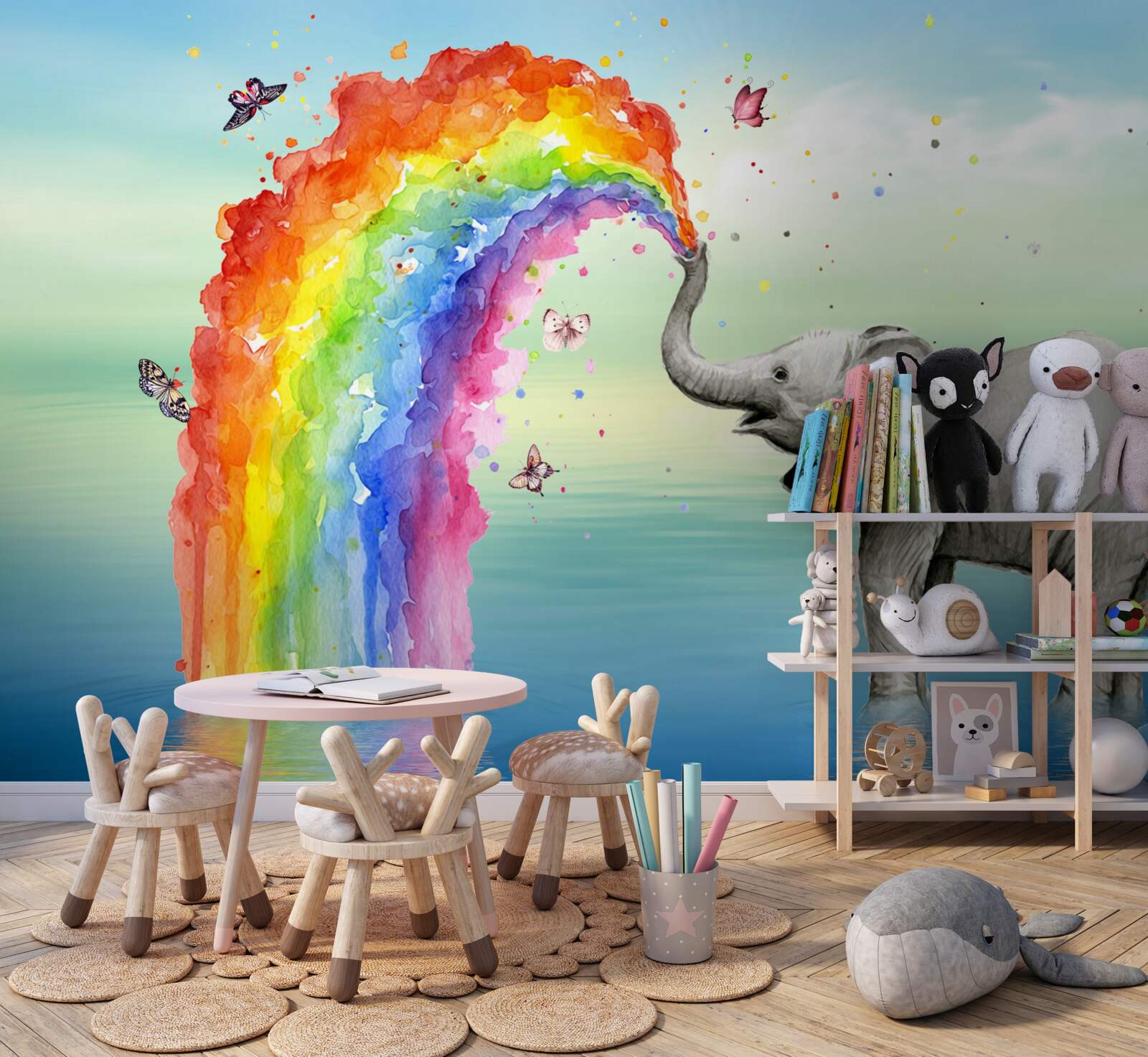 Fototapeten Der Regenbogen fliegt aus der Trompete des Elefanten