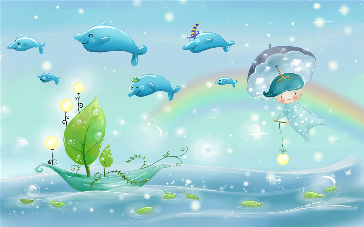 Fototapeten Das Kind mit einem Regenschirm fliegt mit Delfinen über der Wasseroberfläche