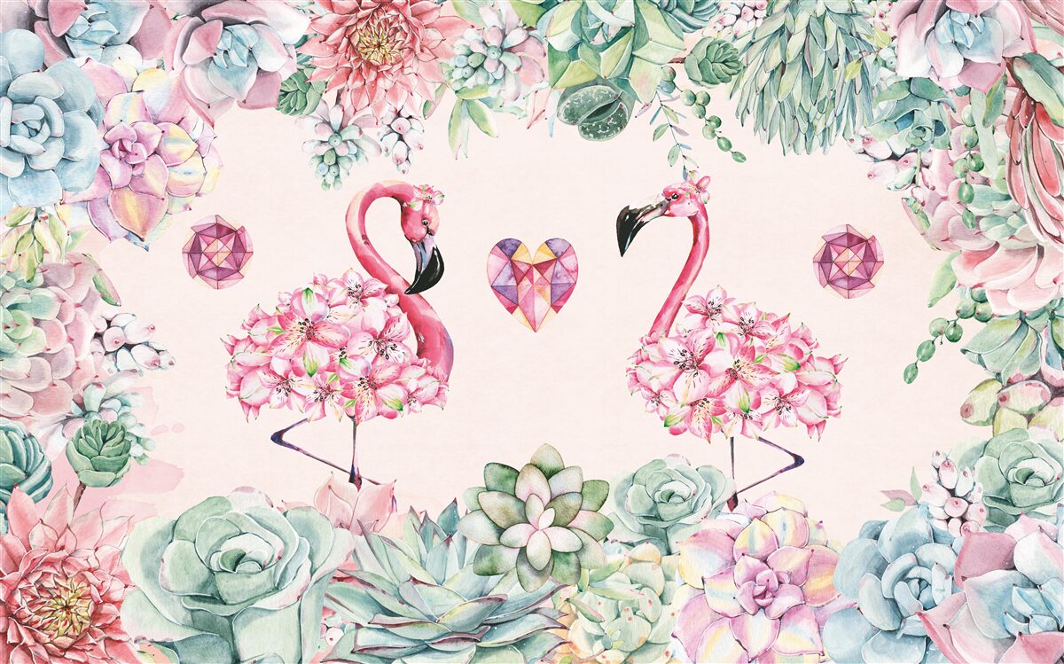 Fototapeten Zwei rosa Flamingos zwischen Grün und Blumen