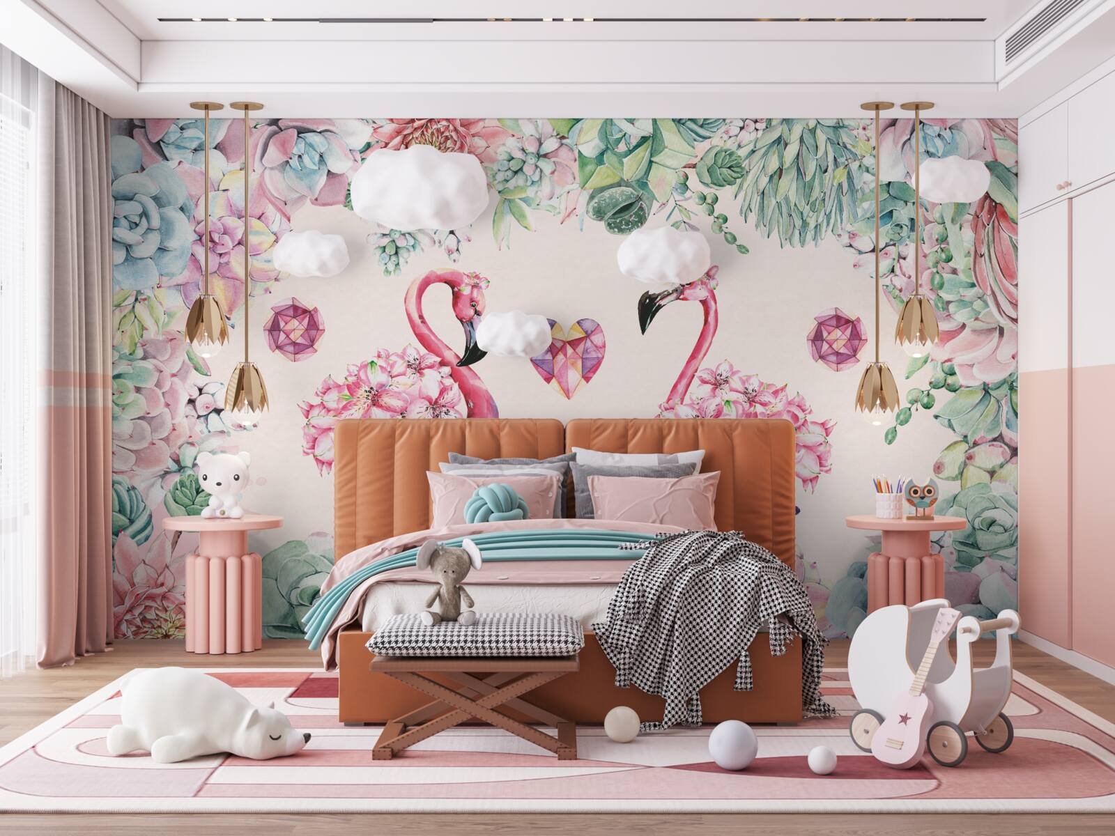 Fototapeten Zwei rosa Flamingos zwischen Grün und Blumen