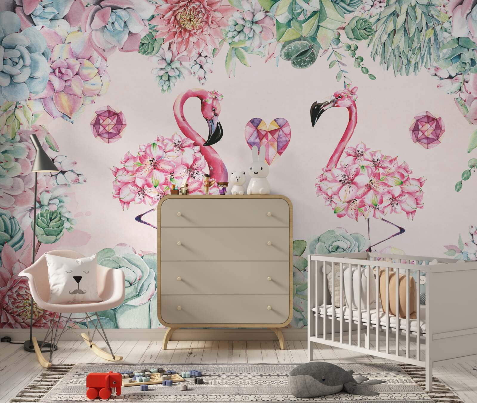 Fototapeten Zwei rosa Flamingos zwischen Grün und Blumen