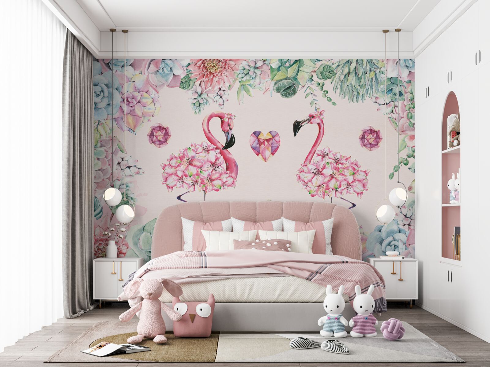Fototapeten Zwei rosa Flamingos zwischen Grün und Blumen