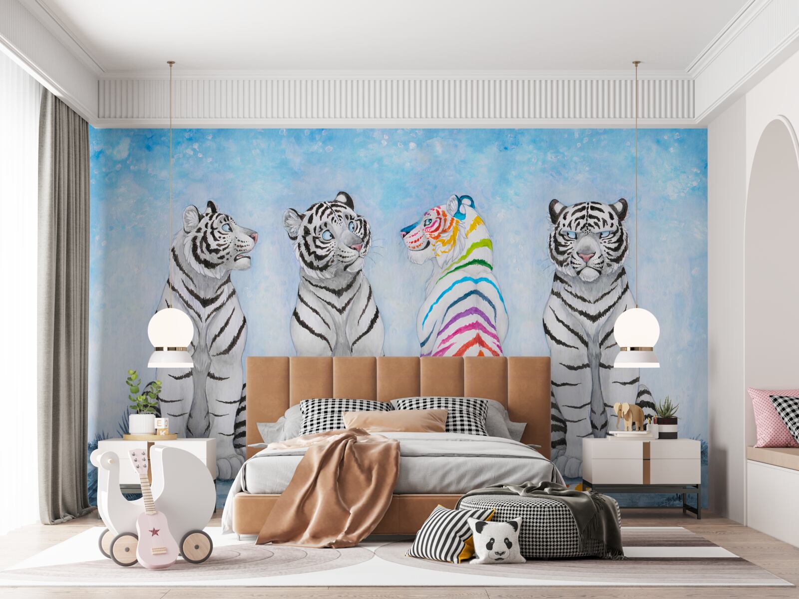 Fototapeten ein bunter Tiger und drei weiße Tiger