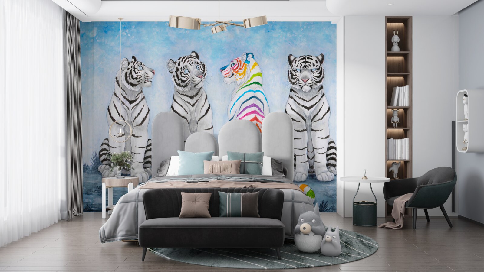 Fototapeten ein bunter Tiger und drei weiße Tiger