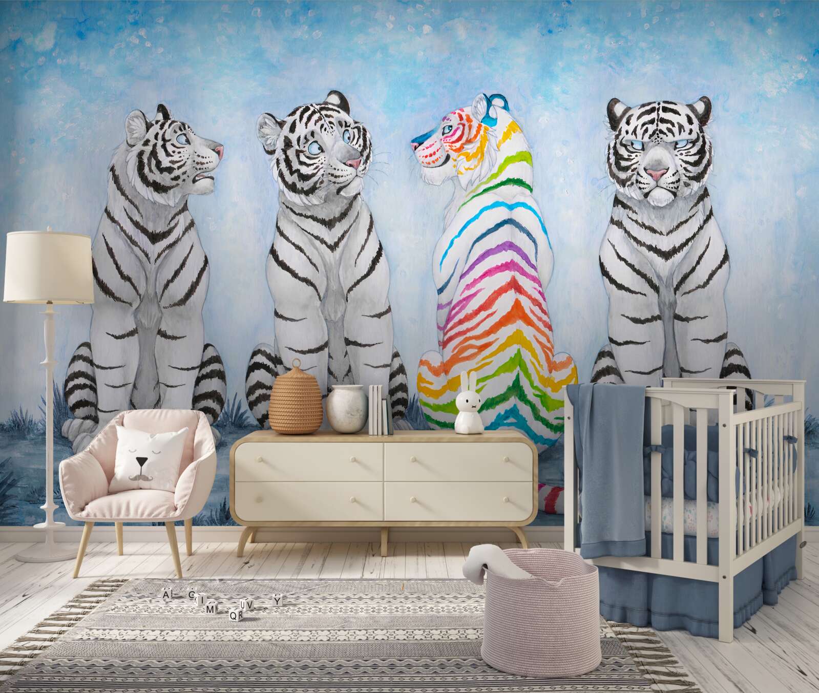 Fototapeten ein bunter Tiger und drei weiße Tiger