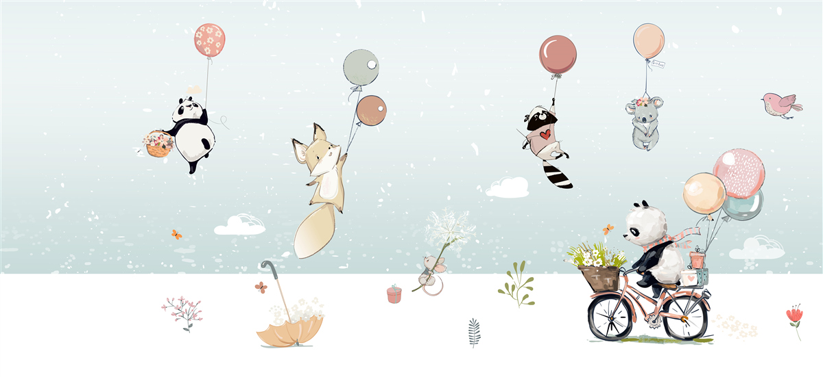 Fototapeten Tiere schweben auf Luftballons und Panda fährt ein Fahrrad