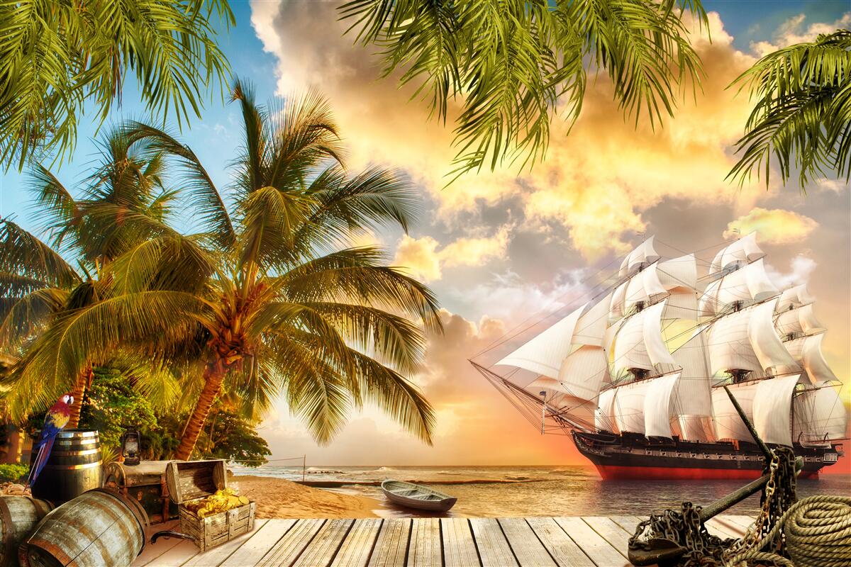 Fototapeten Das Schiff nähert sich der Küste