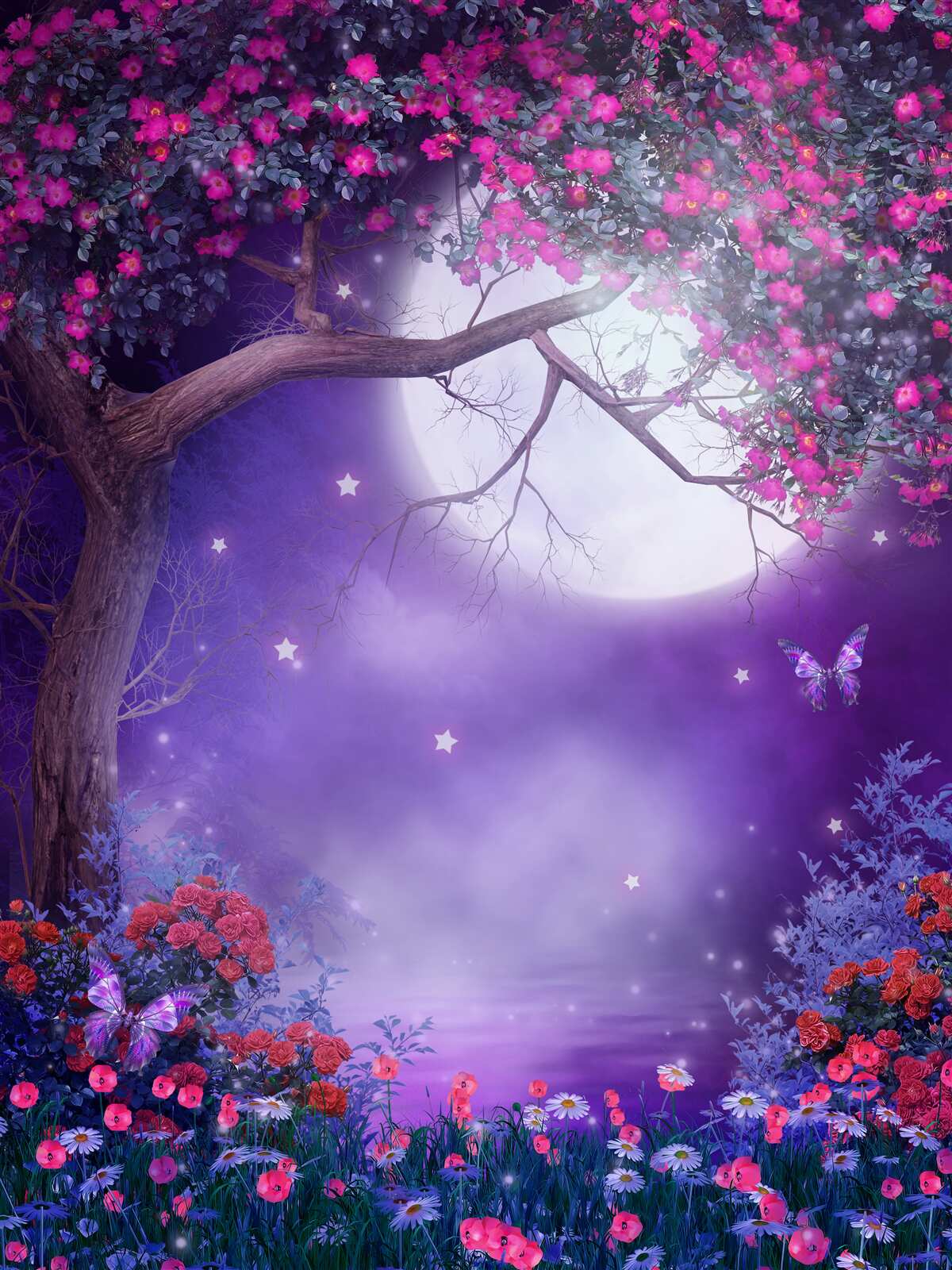 Fototapeten Der Mond glänzt vollständig und der Baum blüht