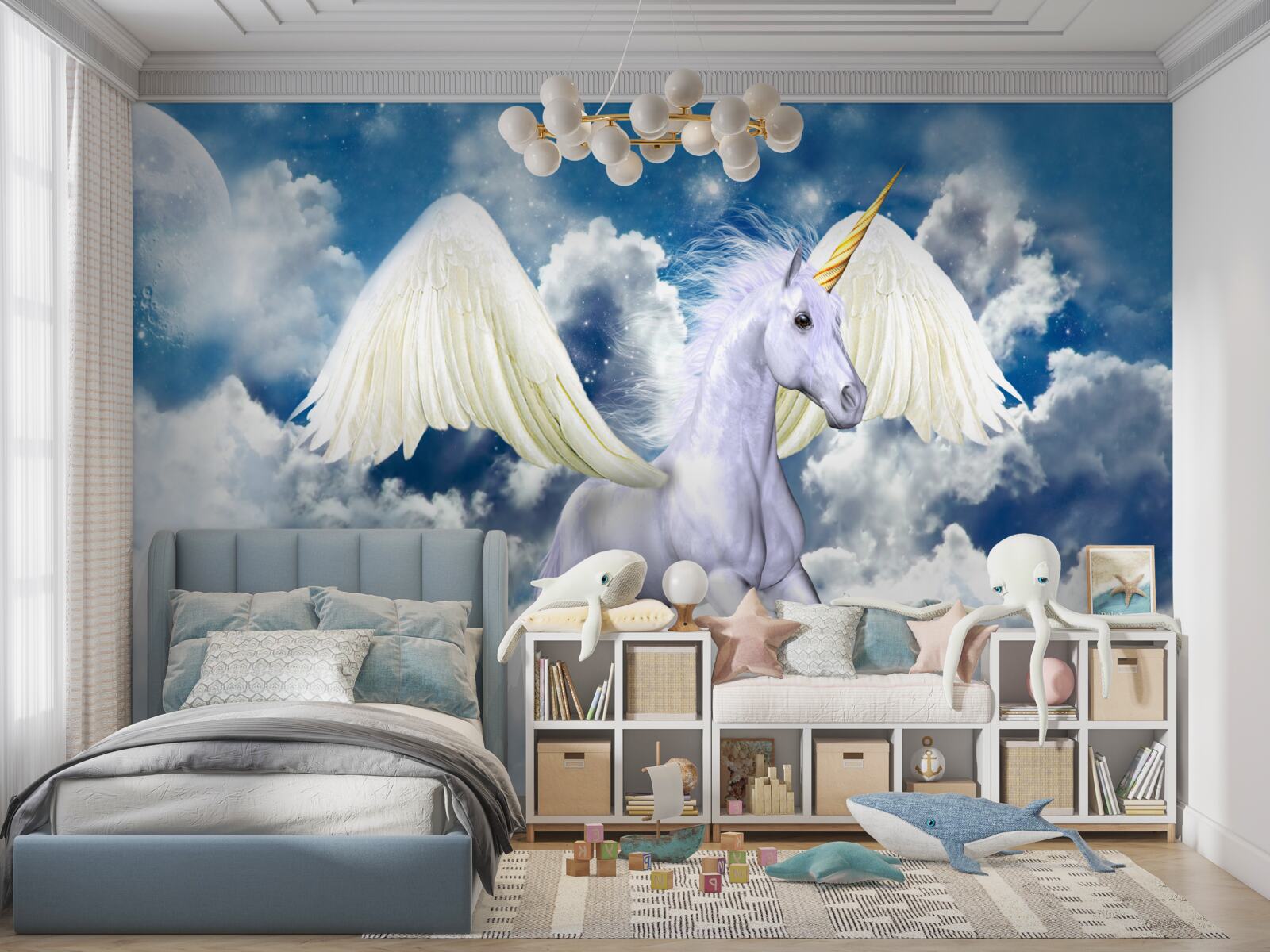 Fototapeten Pegasus fliegt zwischen den Wolken