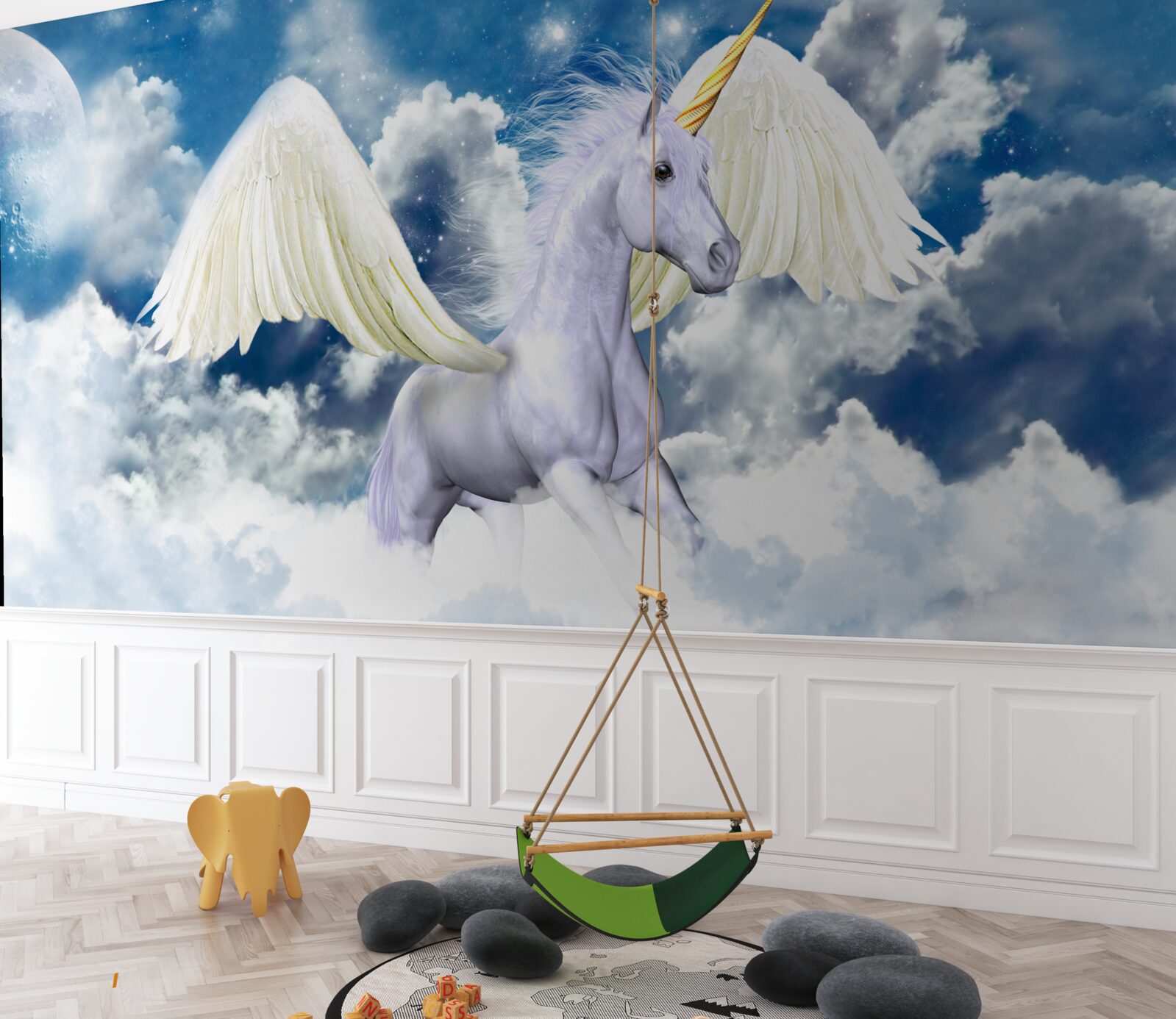 Fototapeten Pegasus fliegt zwischen den Wolken