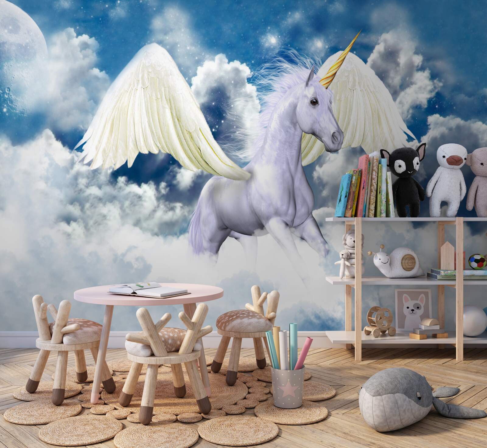 Fototapeten Pegasus fliegt zwischen den Wolken