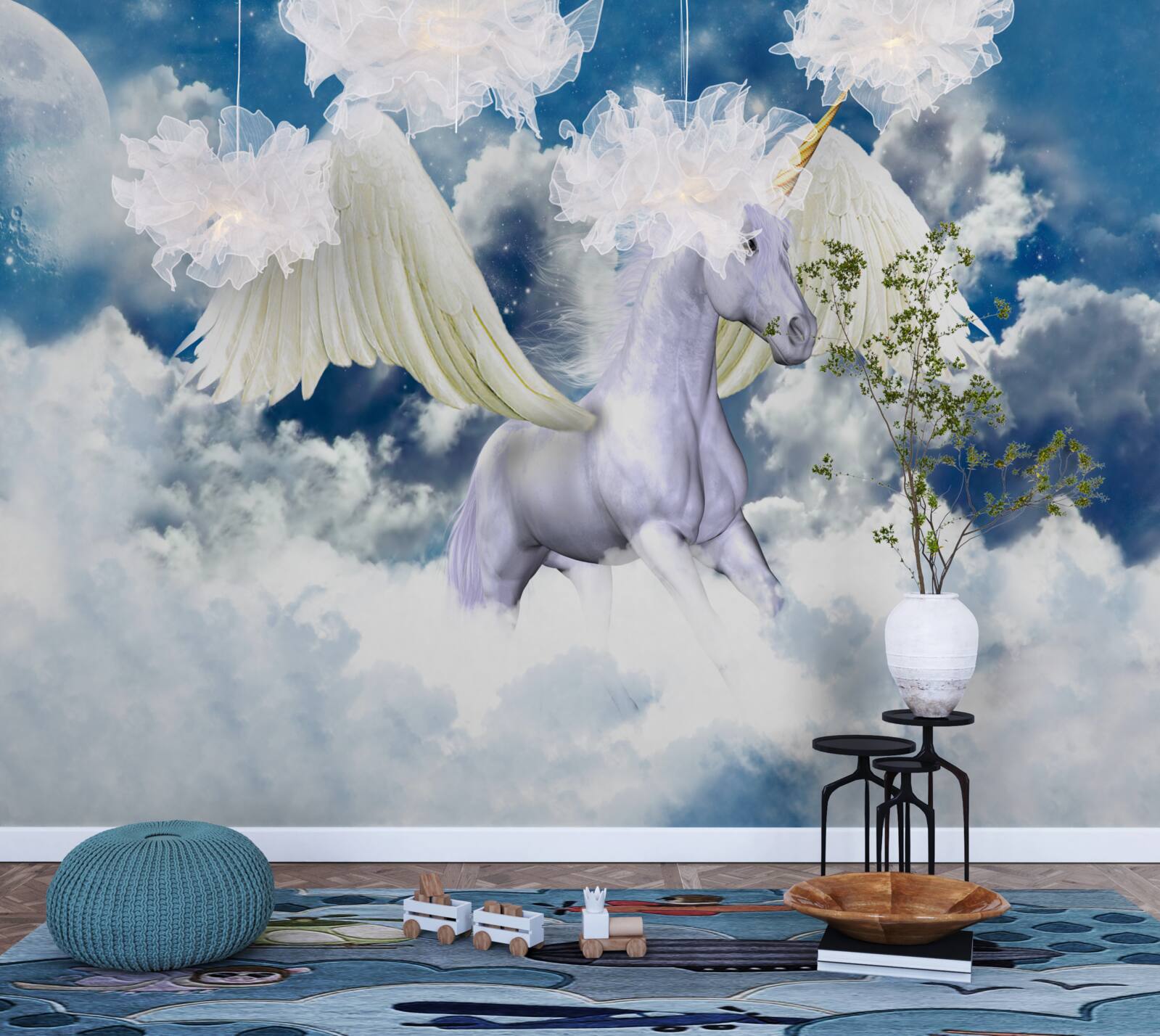 Fototapeten Pegasus fliegt zwischen den Wolken