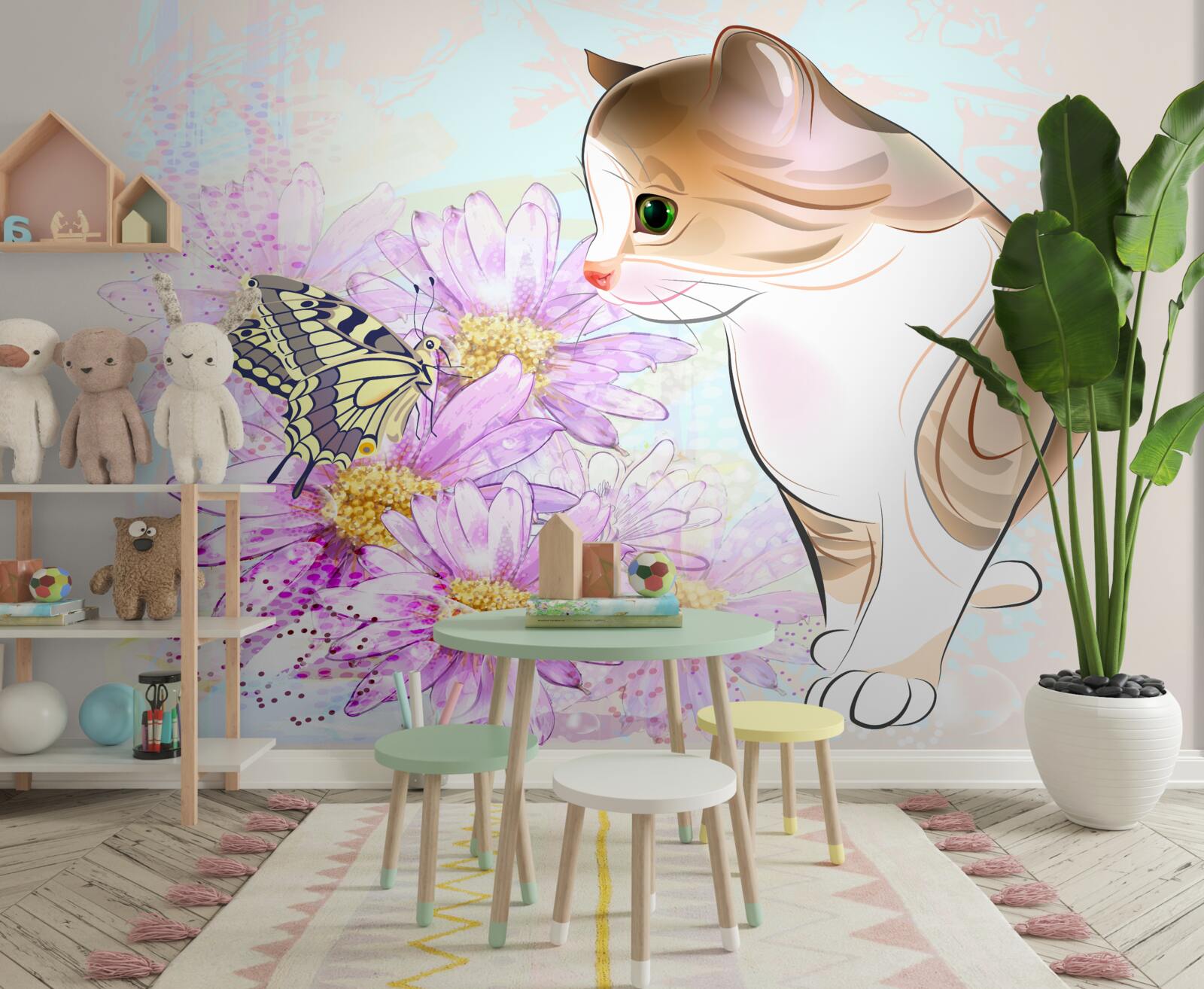 Fototapeten Der Schmetterling erregte die Aufmerksamkeit der Katze